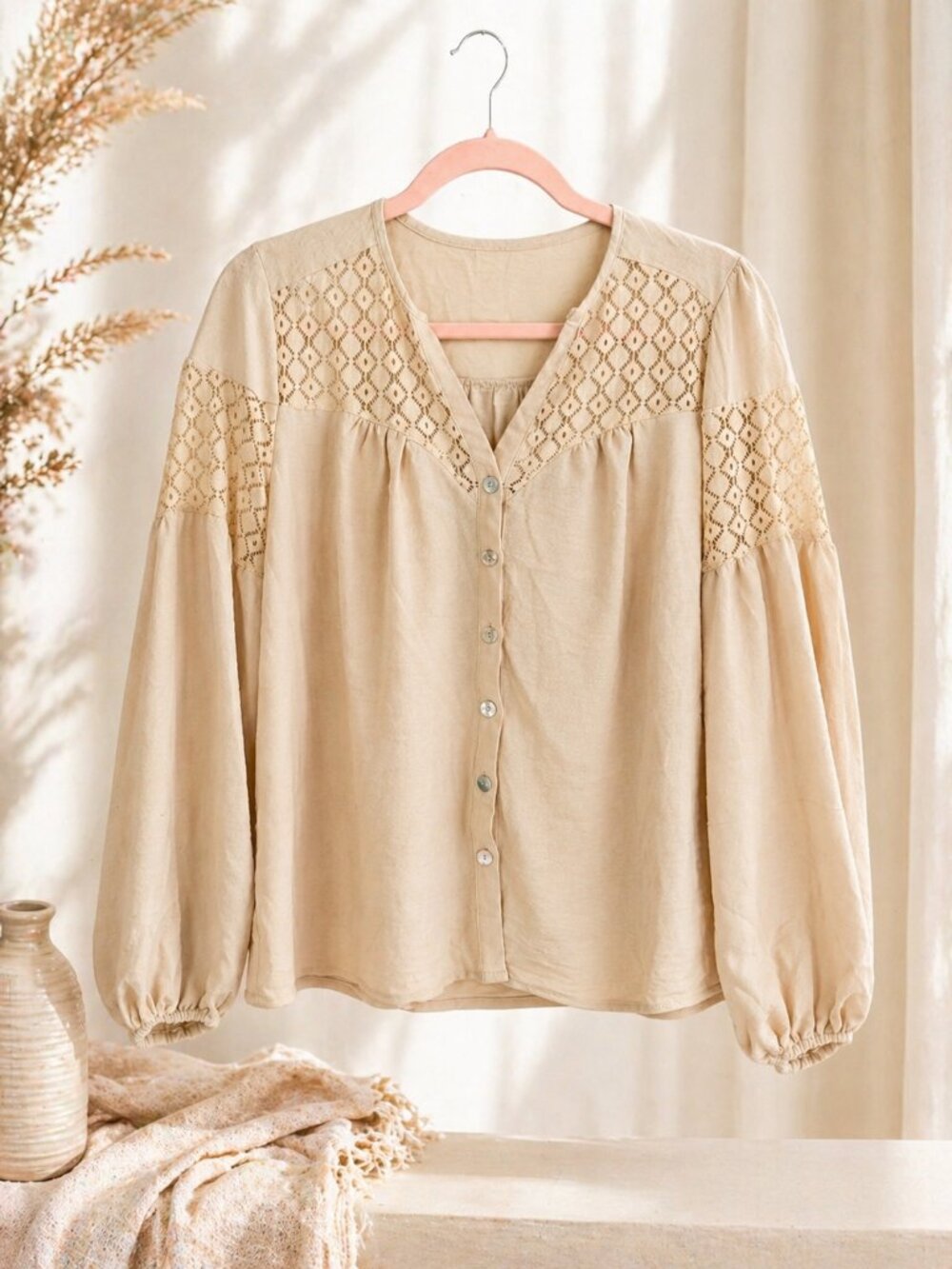 Cupshe Boho Lace Panel Blouse Cream Long Sleeve Peasant Top NWT Size Small